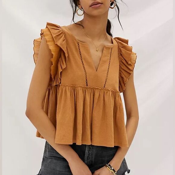 Anthropologie Golden Camel Linen Blend Ruffle Sleeve Babydoll Top | Size XS - Picture 1 of 12